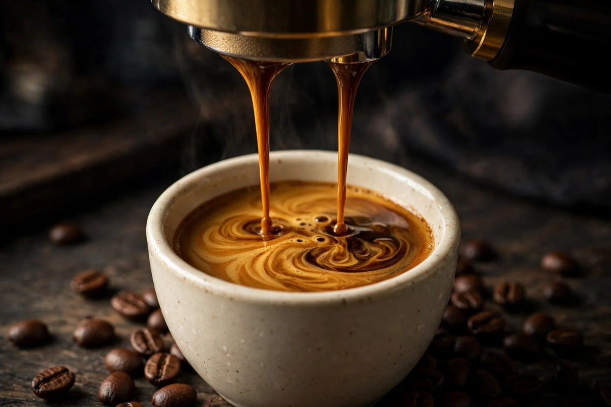 Espresso extracting into a cup