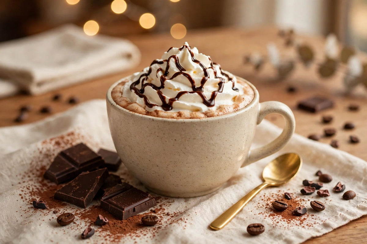 Mocha with whipped cream and chocolate