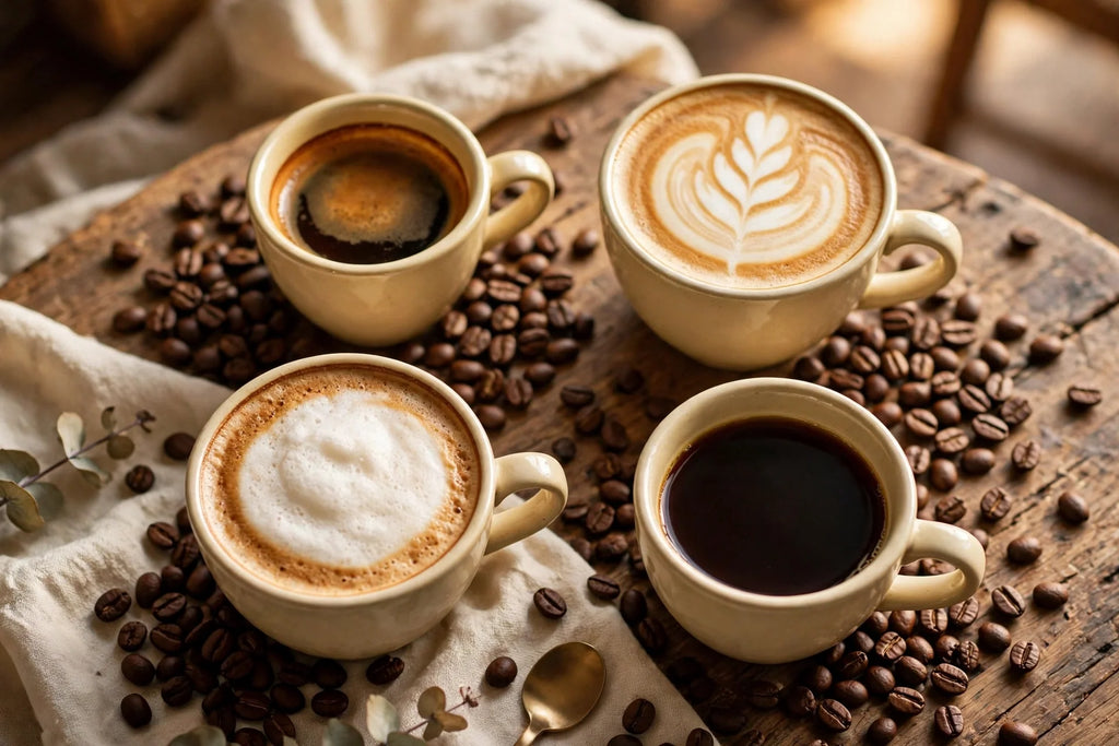 Four coffee drinks tasting spread
